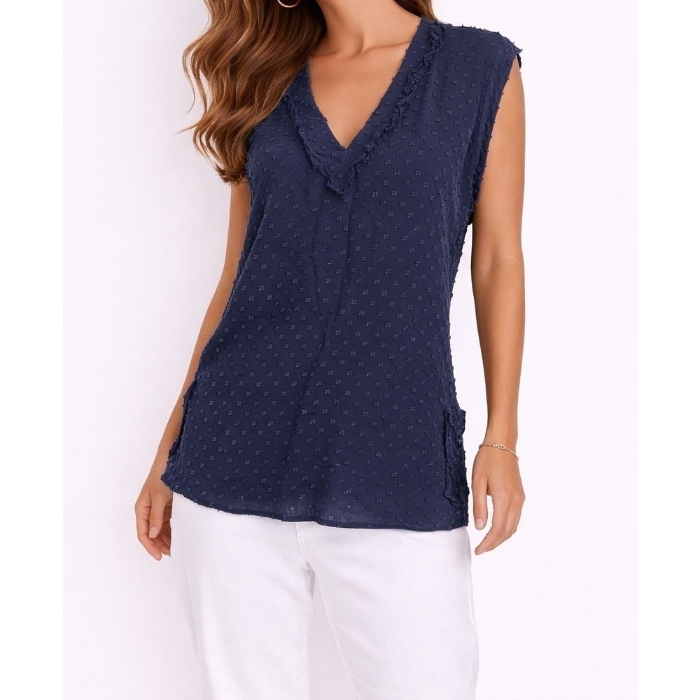 Sunner Silk Blend Sleeveless Blouse Navy Textured V Neck Quiet Luxury Top S